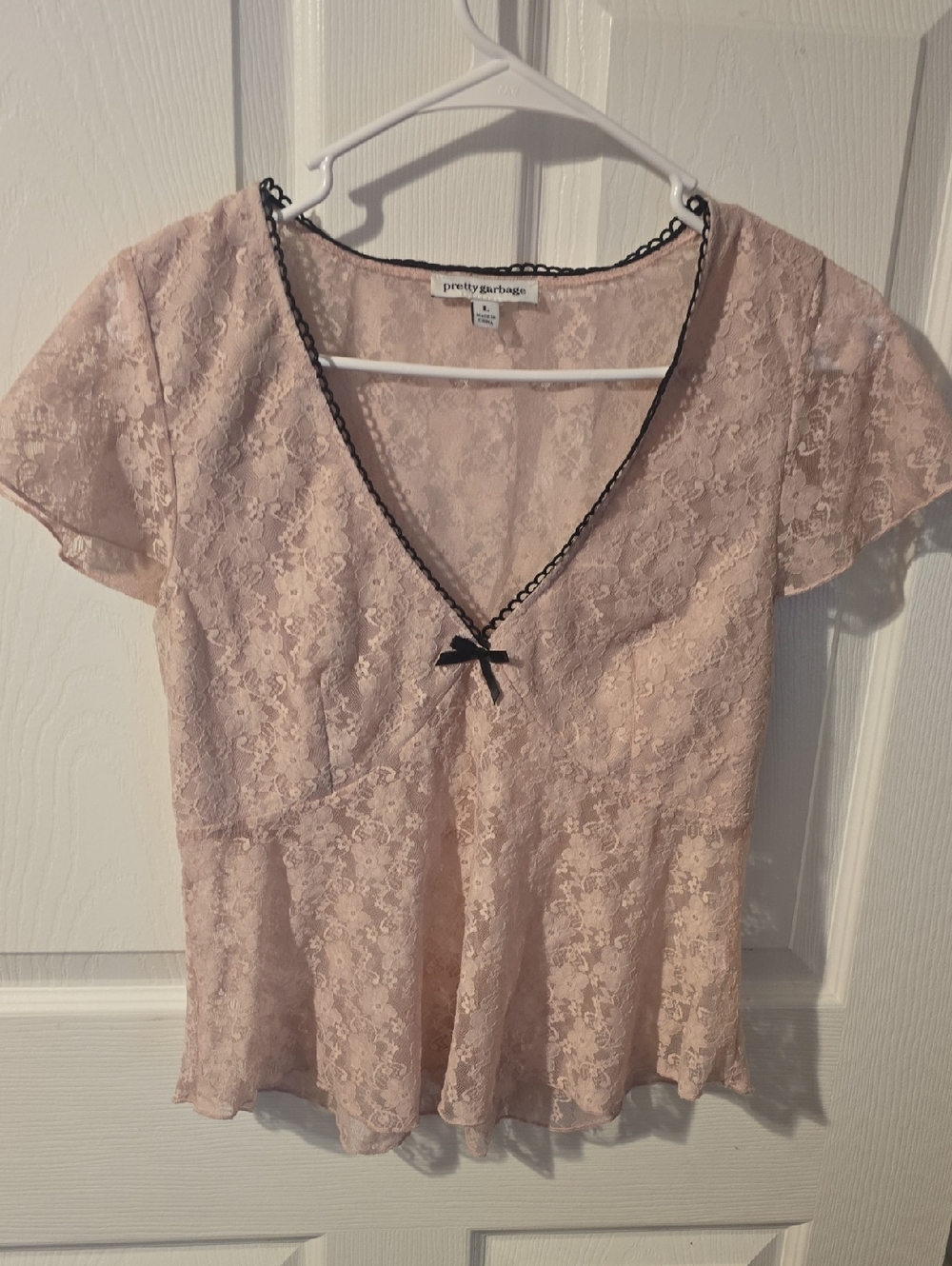 Blush Lace V-Neck Top with Contrast Trim